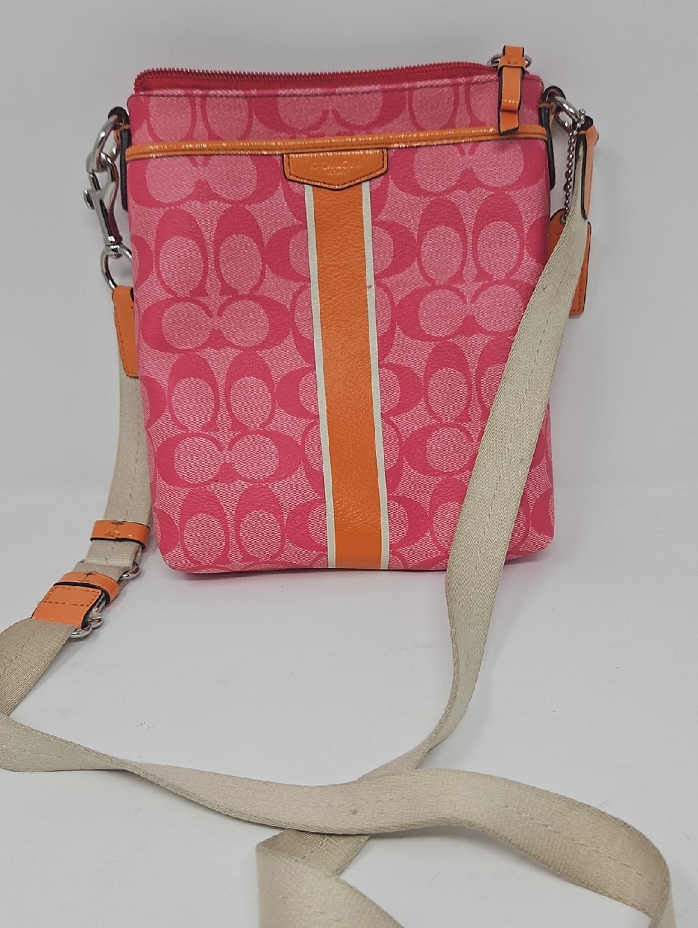 Coach Pink Signature Canvas Crossbody with Orange Trim